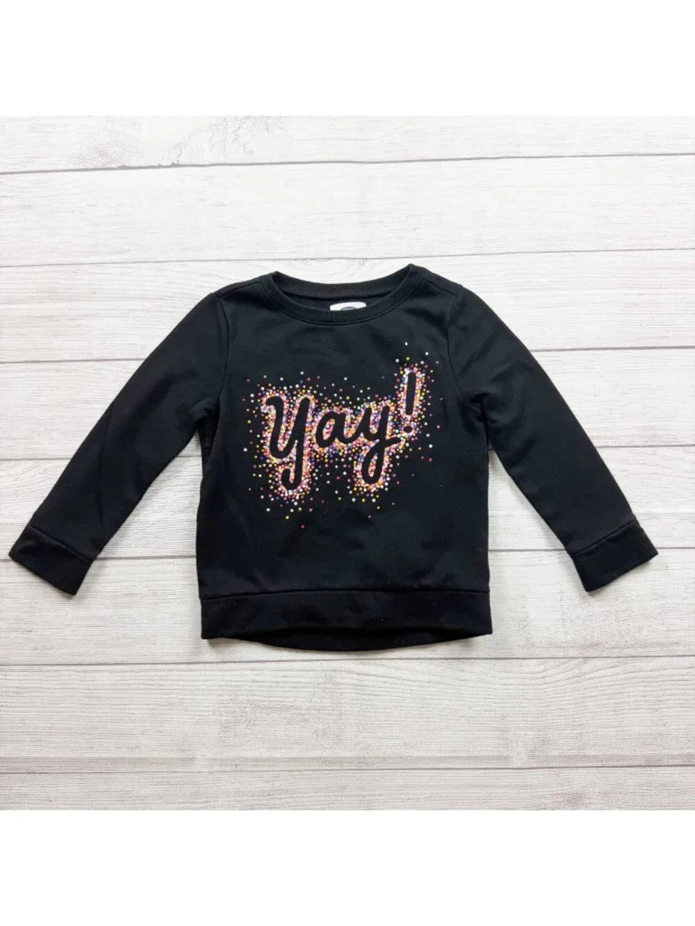 Old Navy Girls Black Confetti Yay! Graphic Long Sleeve Crewneck Top 5T